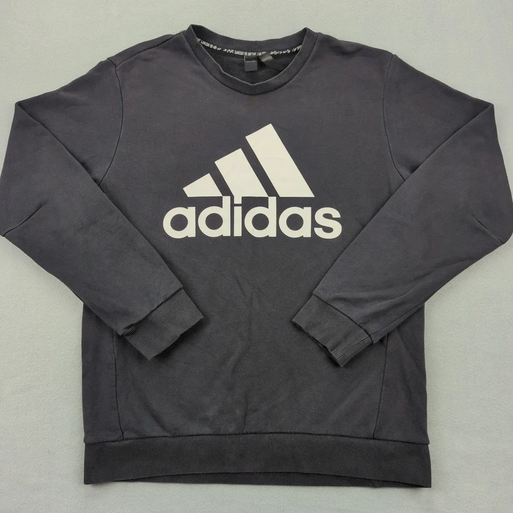Adidas Crewneck‎ Sweatshirt Mens Medium Black Faded Big Logo Spellout Pullover